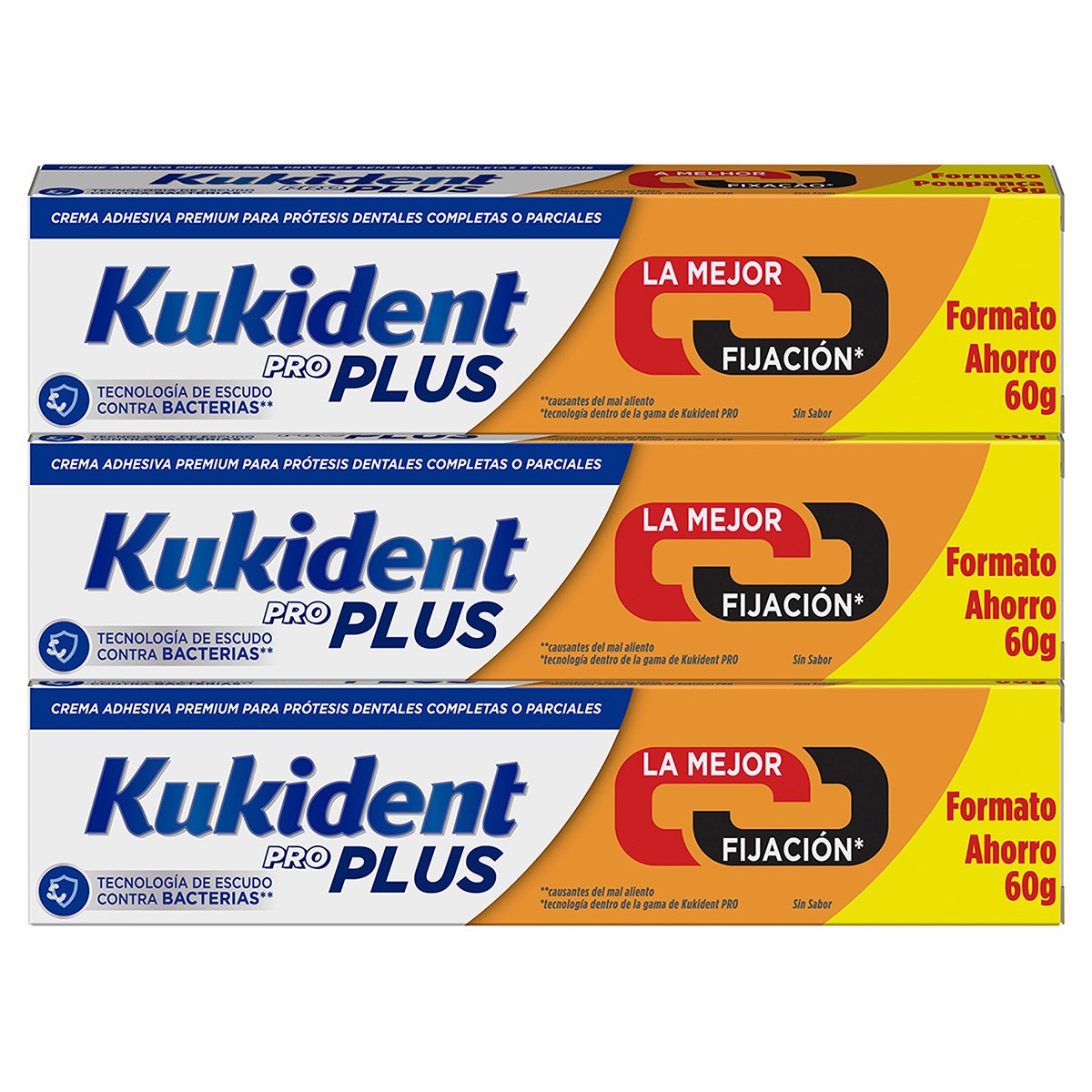 Kukident pack Proplus adhesivo para prótesis dentales doble acción 3x60g